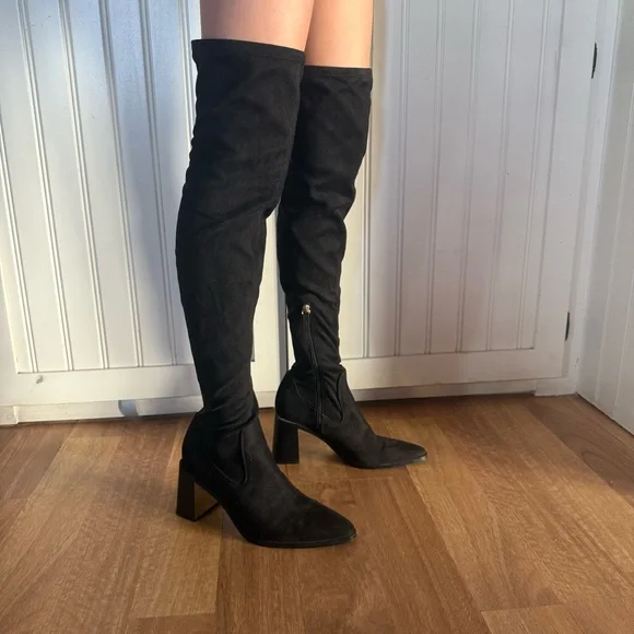 Zara Thigh High suede stacked heel boots - Picture 5 of 13